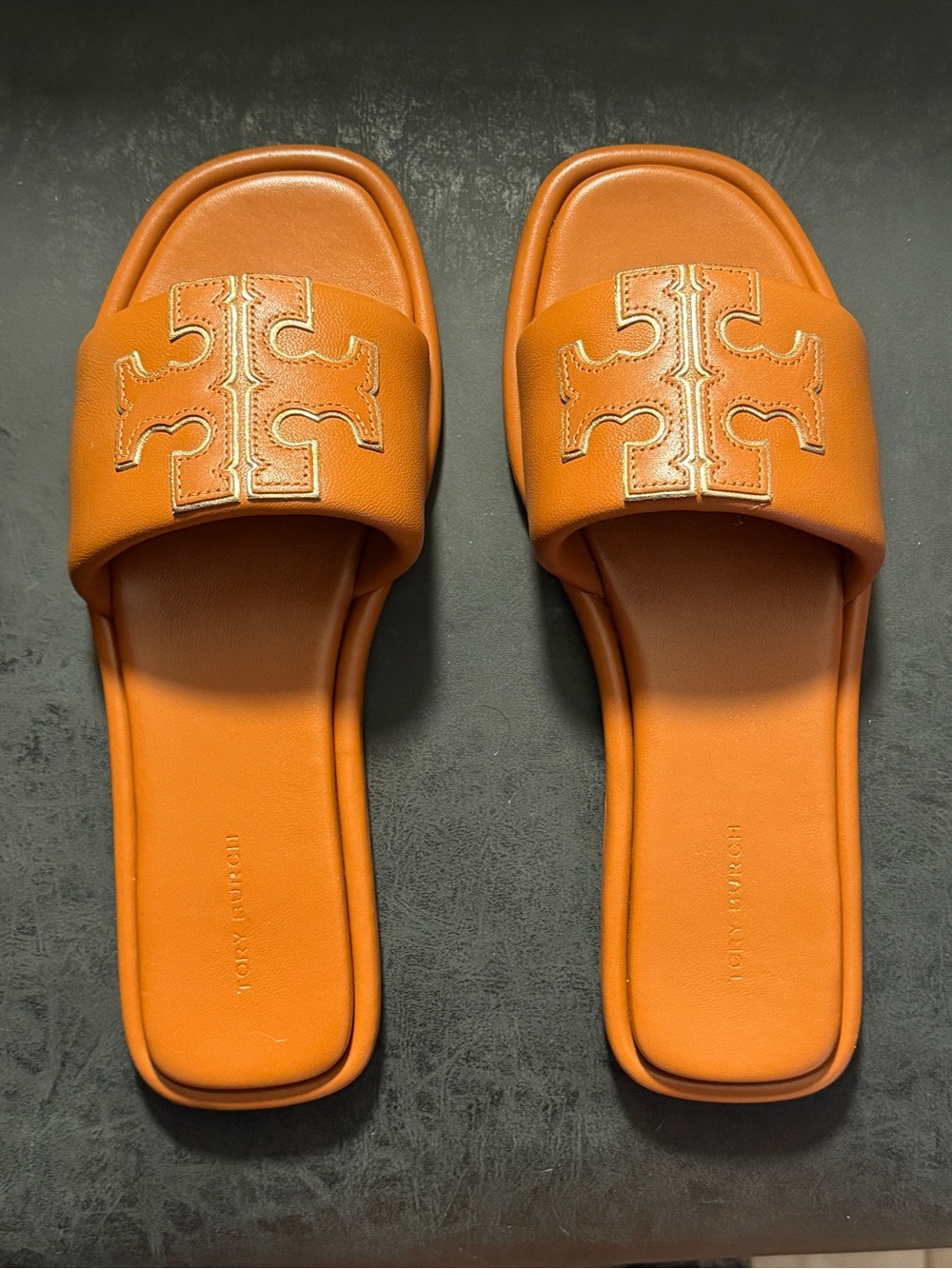 Tory Burch Cognac Leather Logo Slide Sandals